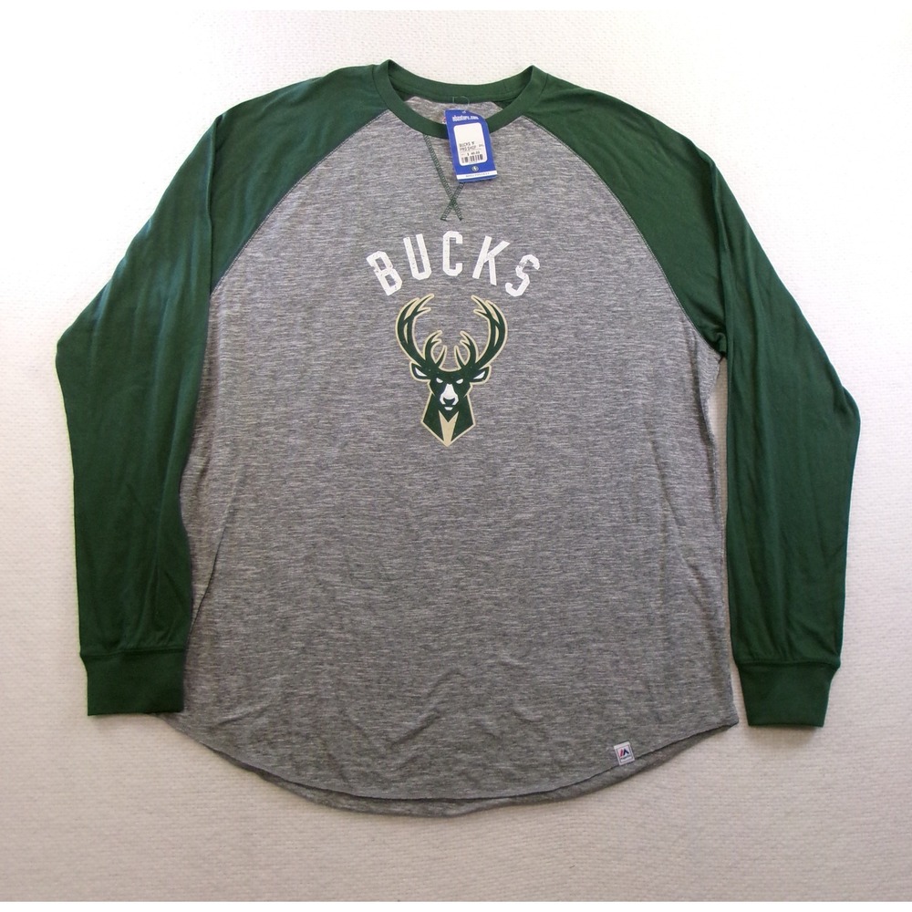 Majestic Milwaukee Bucks Raglan Shirt Mens 2XL Grey Green New MJAH